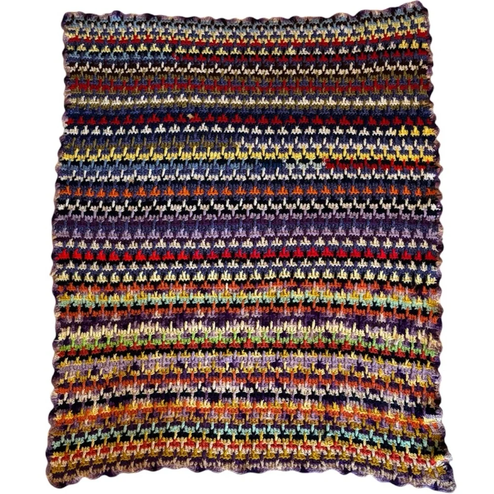 Rare Vintage 60s 70s Multicolor Crochet Afghan Psychedelic Scrappy Blanket Quilt